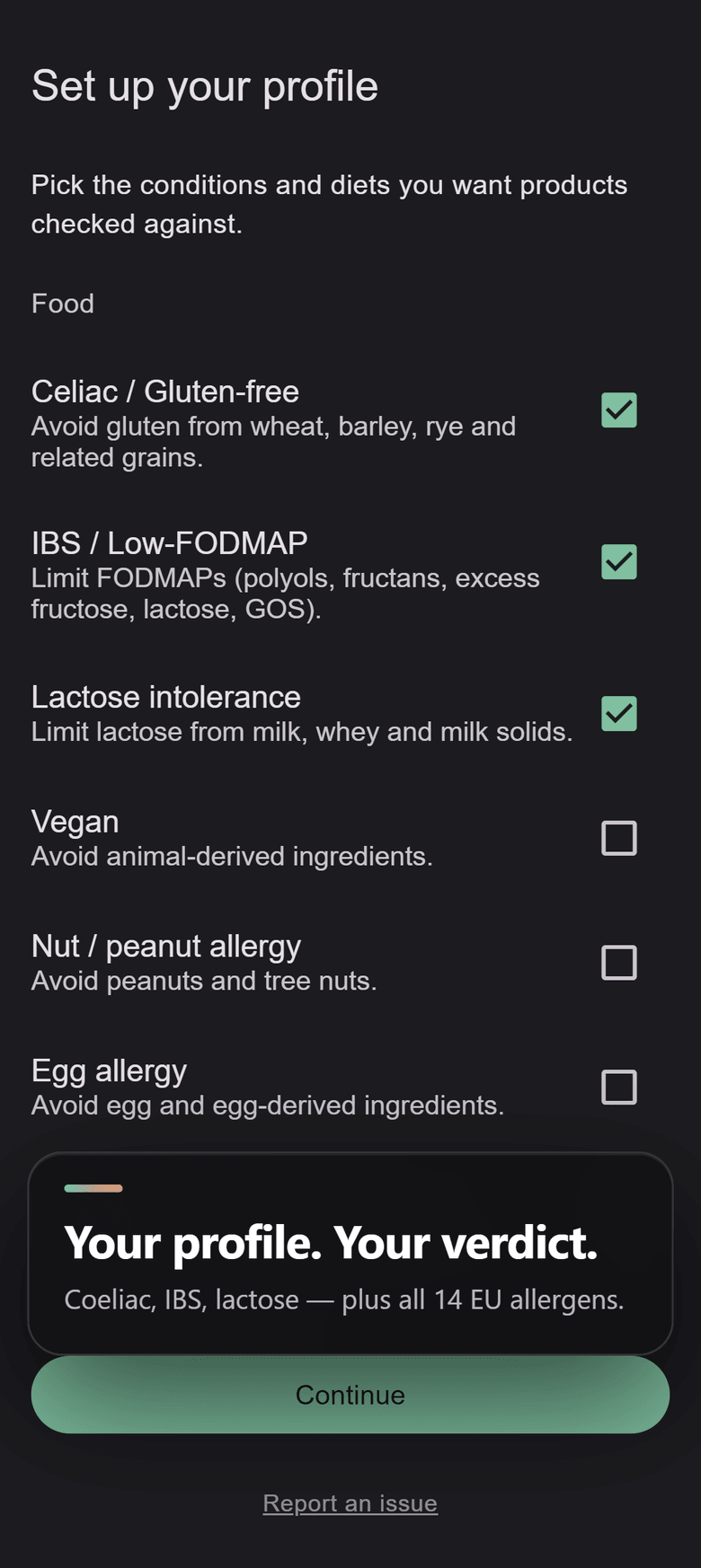 The Ingredo.app profile screen with Celiac, IBS / Low-FODMAP and lactose intolerance selected